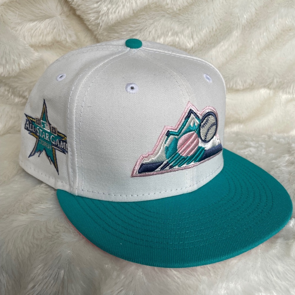 New Era 59FIFTY Hat Colorado Rockies White Teal Pink Satin 7 5/8